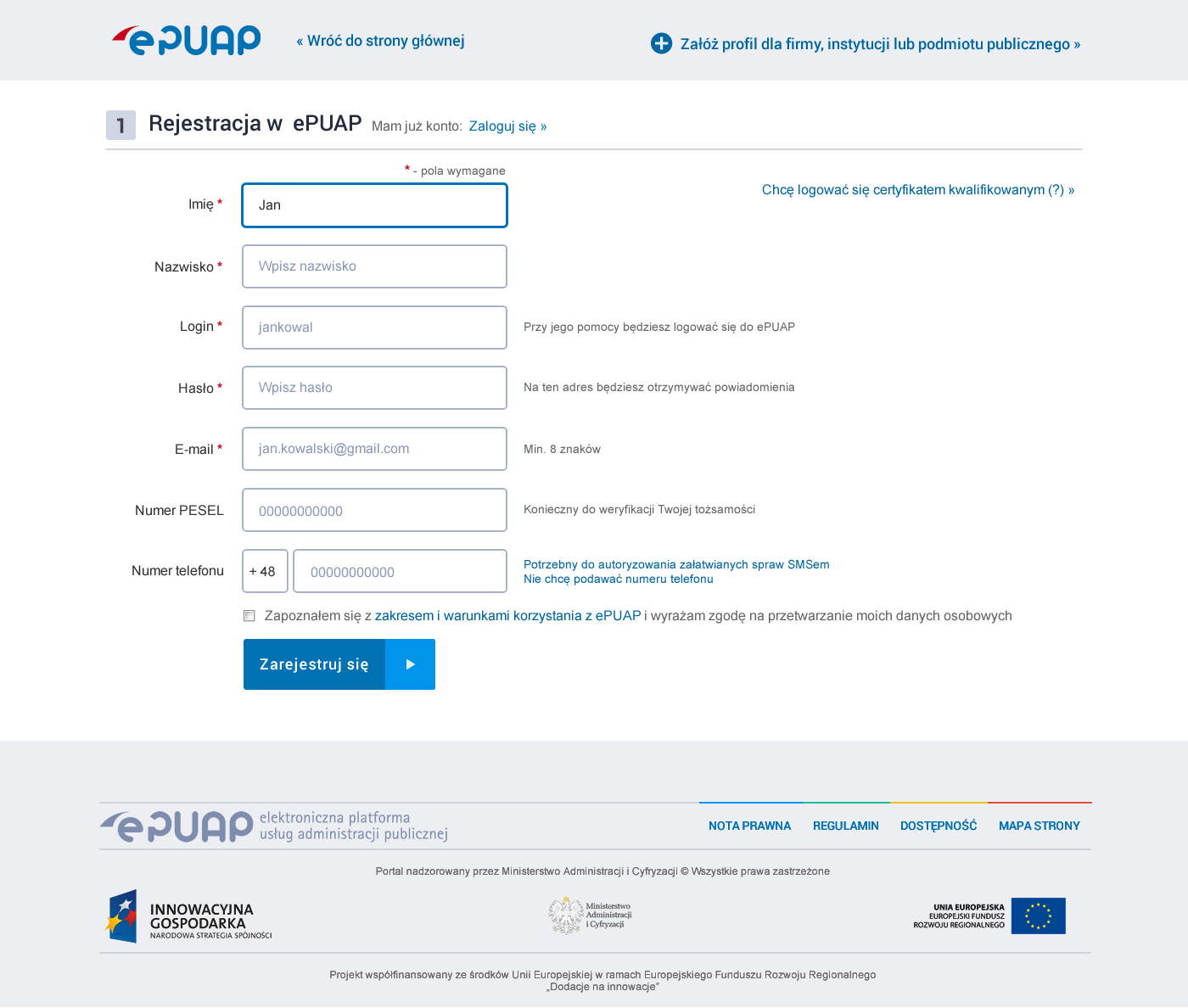 Formularz rejestracji w systemie ePUAP